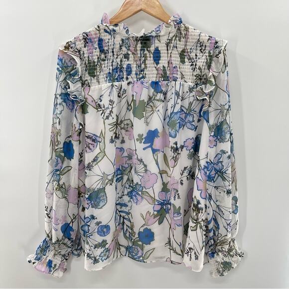 NWOT Halogen Floral Ruffle Smocked Tie Front Long Sleeve Cottagecore Blouse L - Picture 6 of 13